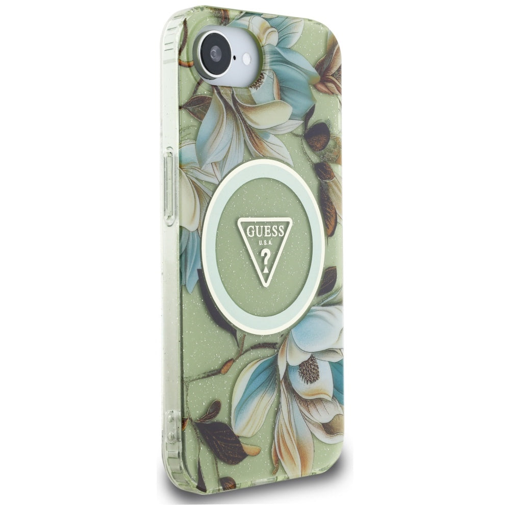 Étui MagSafe pour Apple iPhone 17e / 16e, Guess, IML Metal Glitter Flowers Triangle, Vert
