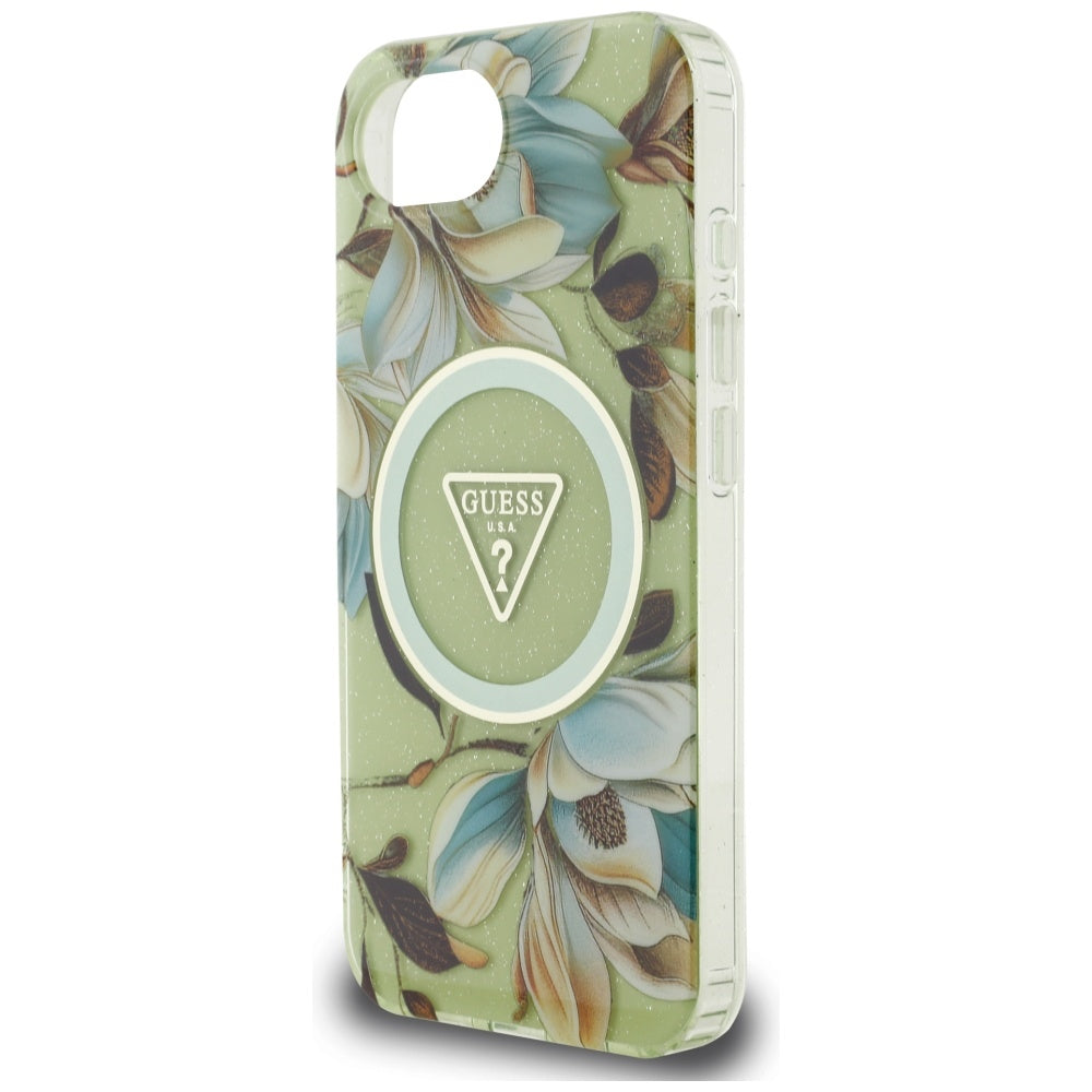 Étui MagSafe pour Apple iPhone 17e / 16e, Guess, IML Metal Glitter Flowers Triangle, Vert