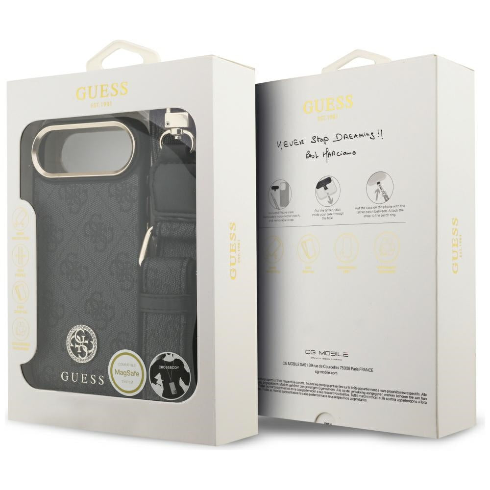 Housse MagSafe pour Apple iPhone 17 Air, Guess, 4G Strass Logo avec grande bandoulière, Noire