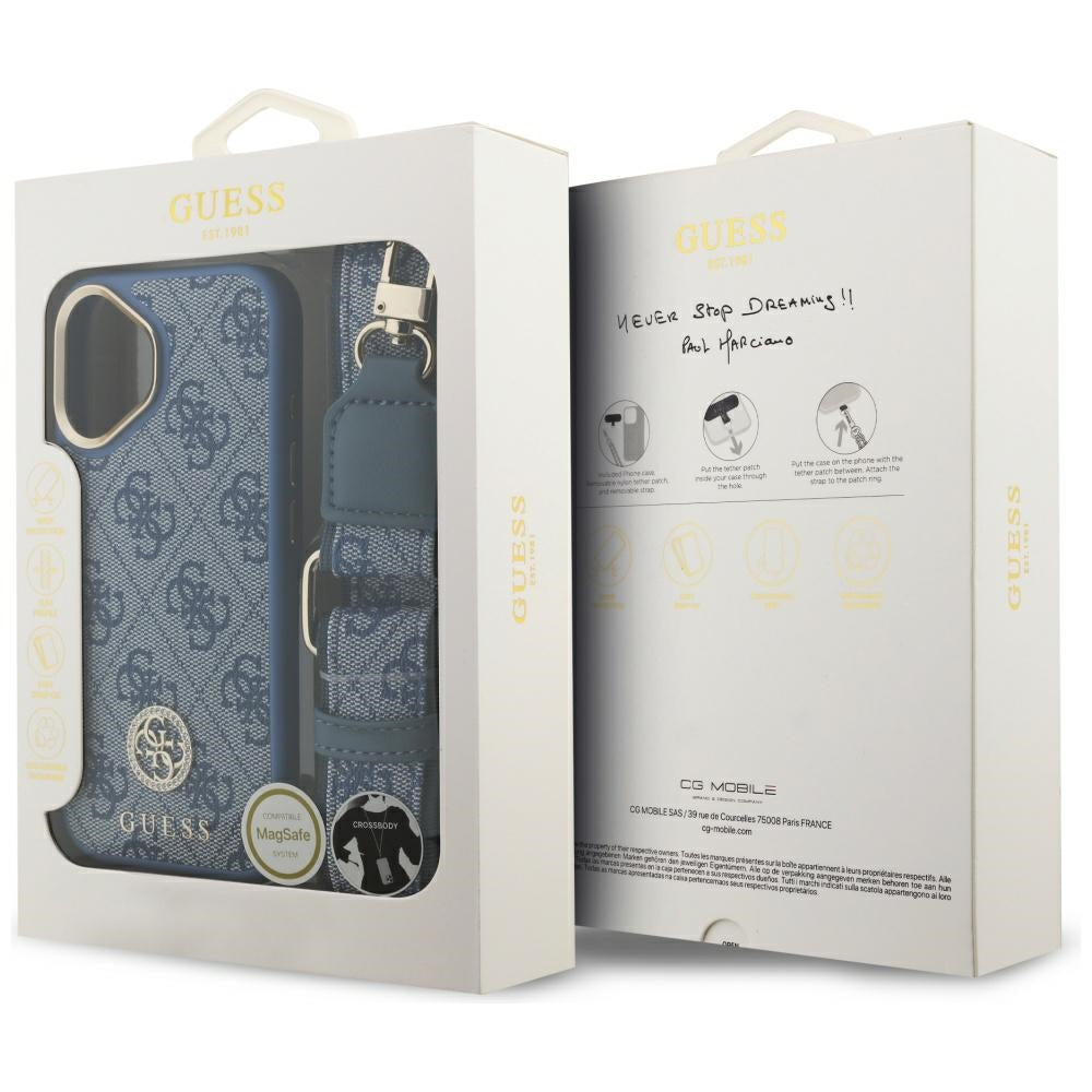 MagSafe Case for Apple iPhone 17, Guess, 4G Strass Logo with Big Strap, Blue
