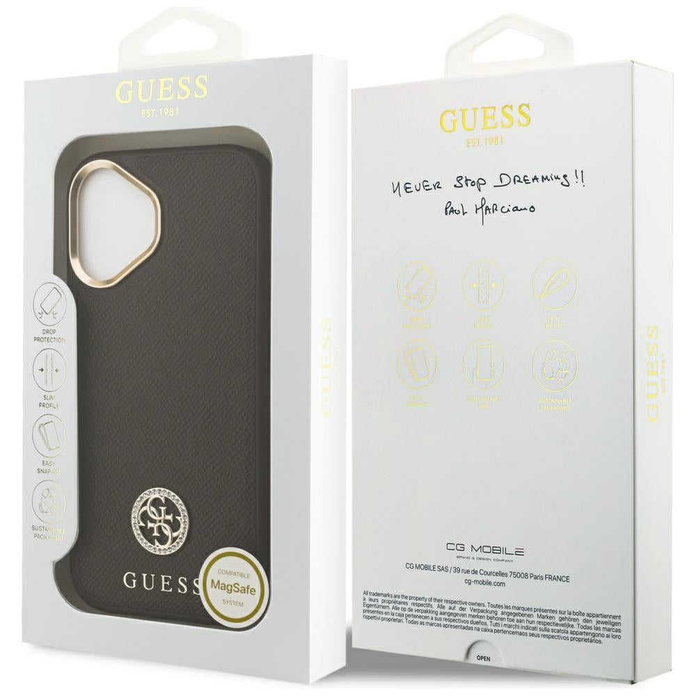 Étui MagSafe pour Apple iPhone 17, Guess, Logo Strass Grainé, Marron