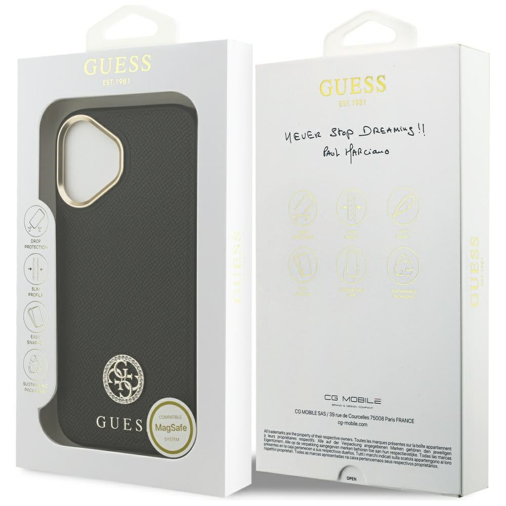 Étui MagSafe pour Apple iPhone 17, Guess, Logo Strass Grainé, Noir