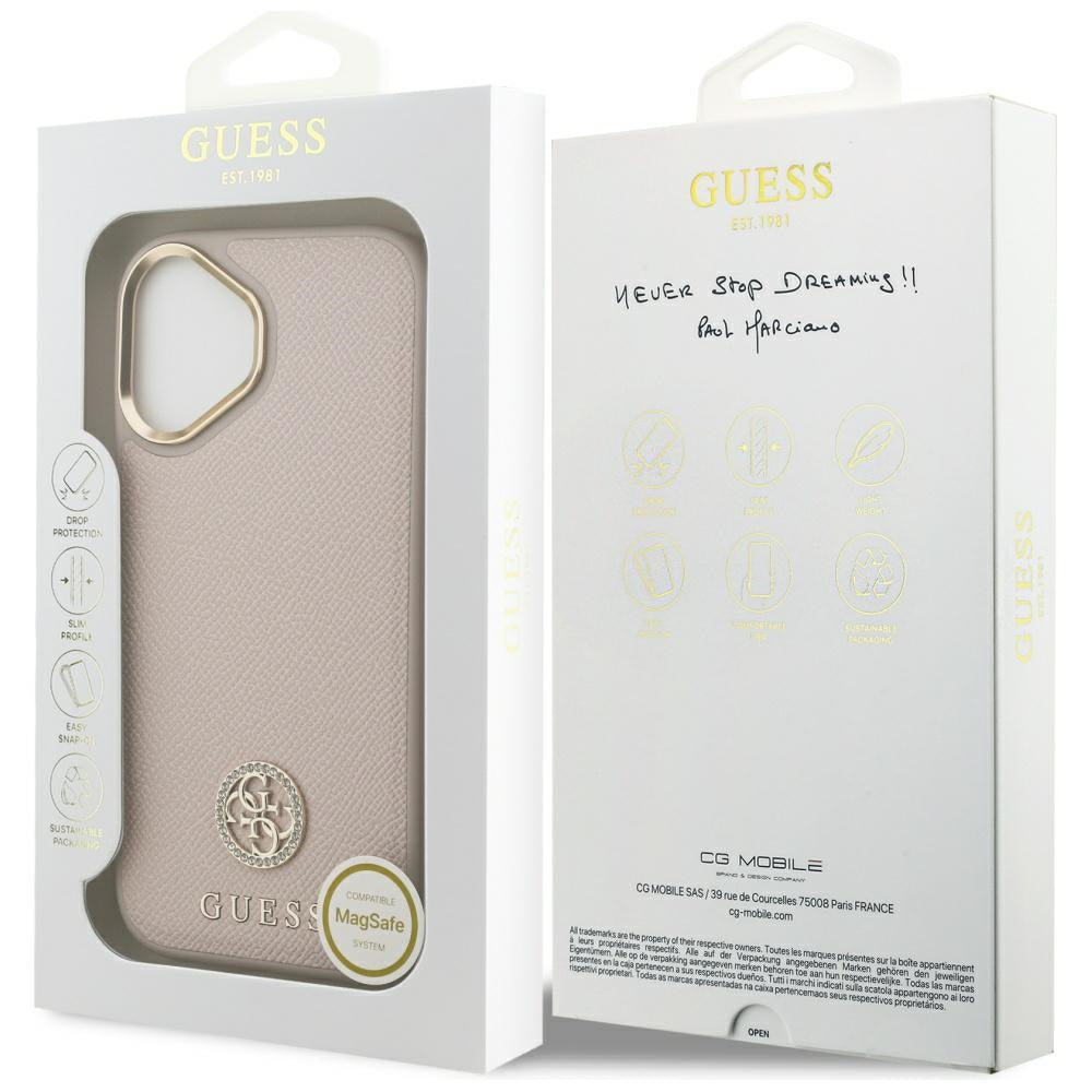 Étui MagSafe pour Apple iPhone 17, Guess, Logo Strass Grainé, Rose