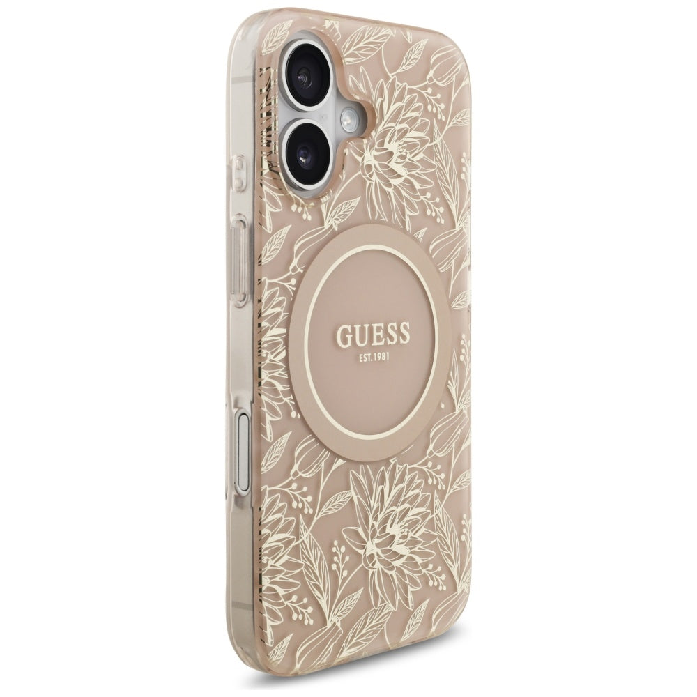 Coque MagSafe pour Apple iPhone 17, Guess, IML Flowers Allover Electroplated with Pearl Strap, Noire