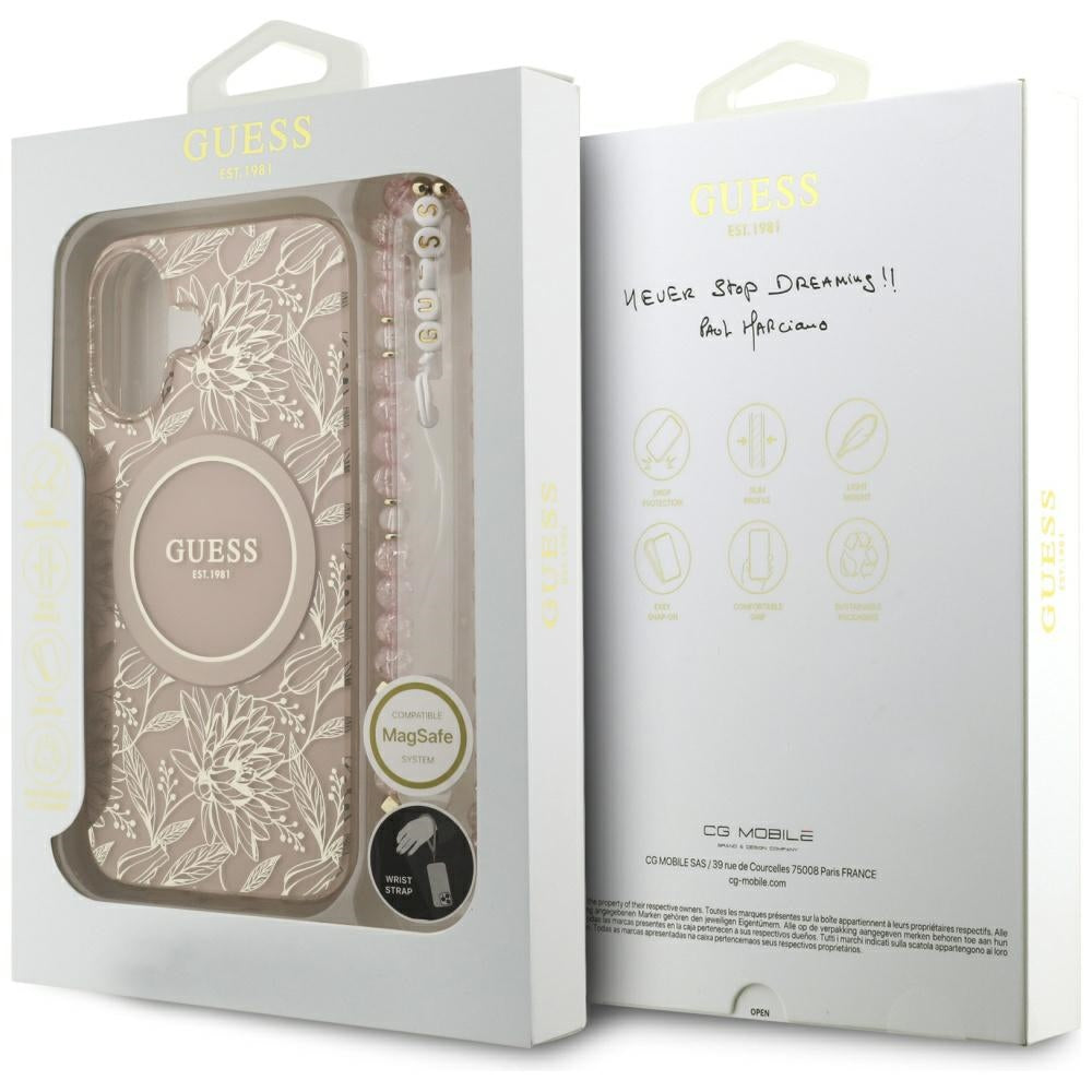 Coque MagSafe pour Apple iPhone 17, Guess, IML Flowers Allover Electroplated with Pearl Strap, Noire