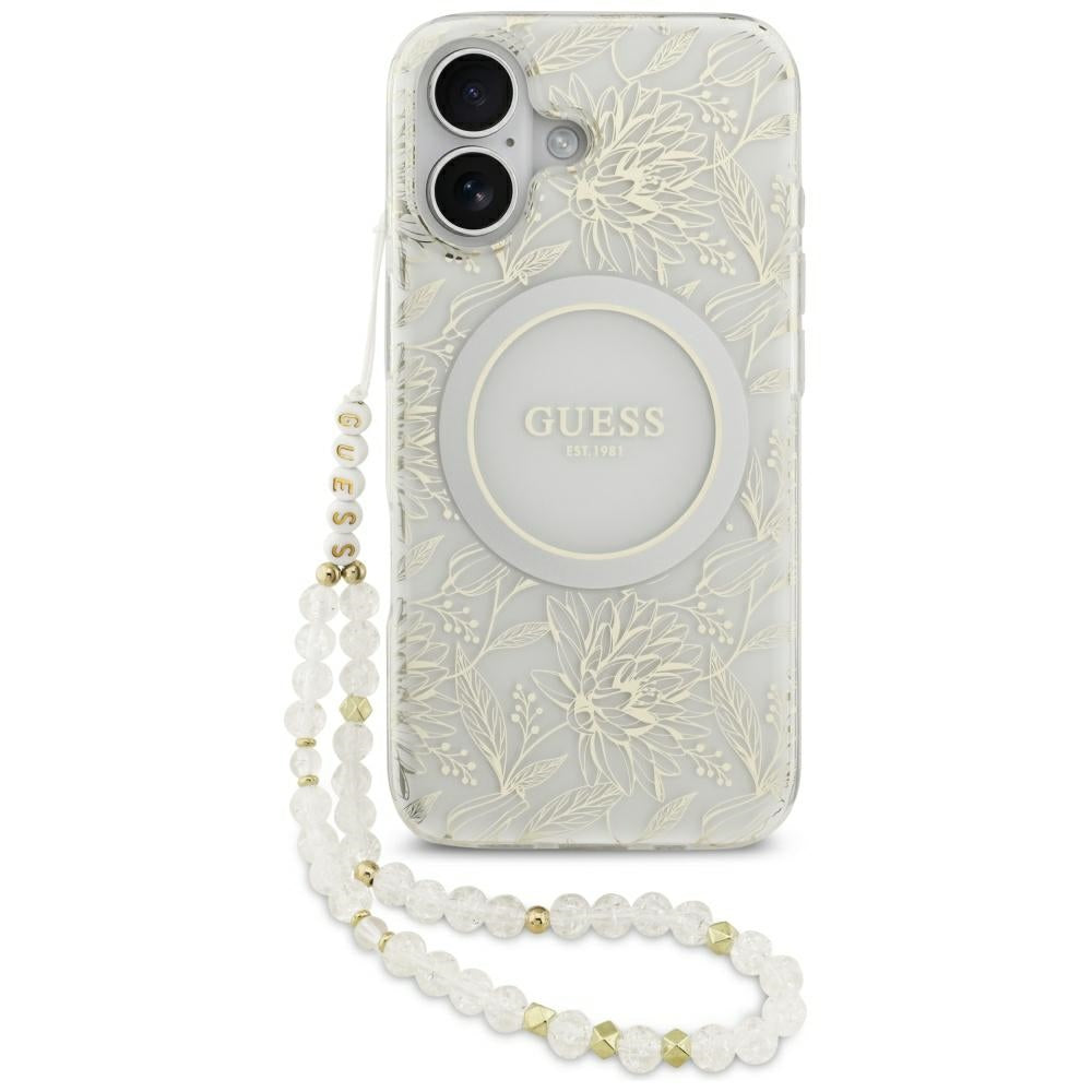 Coque MagSafe pour Apple iPhone 17, Guess, IML Flowers with Pearl Strap, Blanche