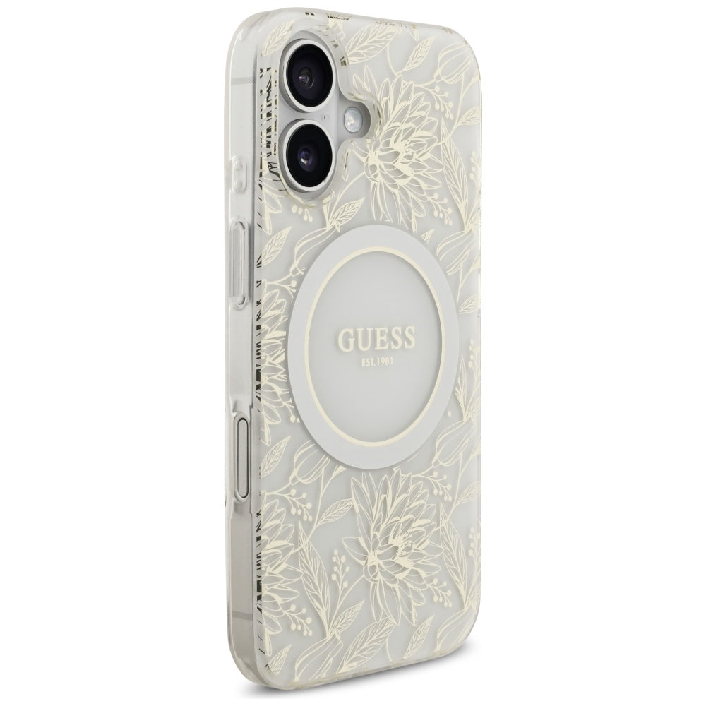 Coque MagSafe pour Apple iPhone 17, Guess, IML Flowers with Pearl Strap, Blanche
