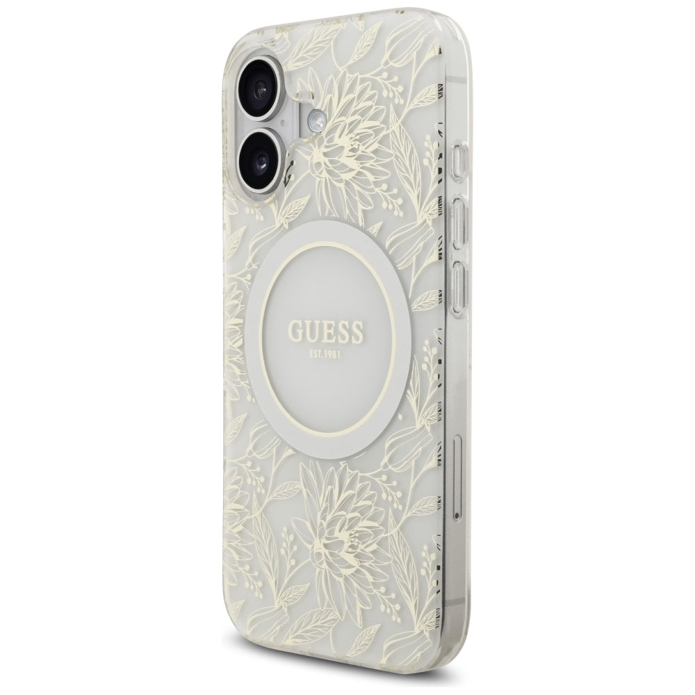 Coque MagSafe pour Apple iPhone 17, Guess, IML Flowers with Pearl Strap, Blanche