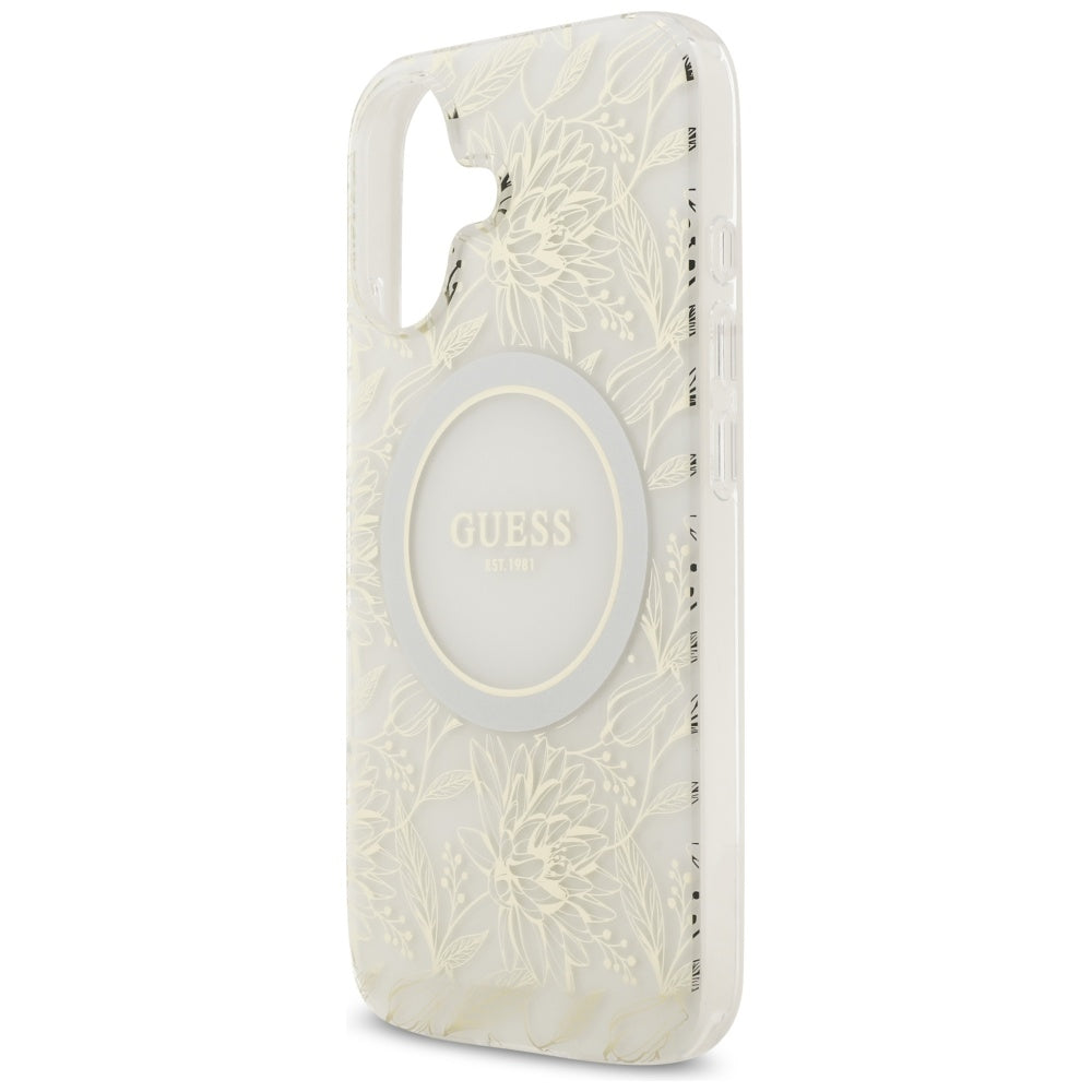 Coque MagSafe pour Apple iPhone 17, Guess, IML Flowers with Pearl Strap, Blanche