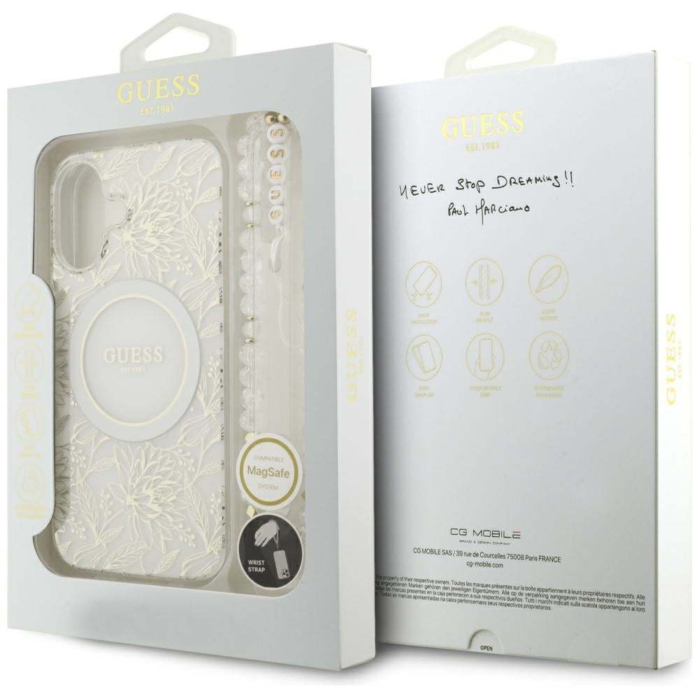 Coque MagSafe pour Apple iPhone 17, Guess, IML Flowers with Pearl Strap, Blanche