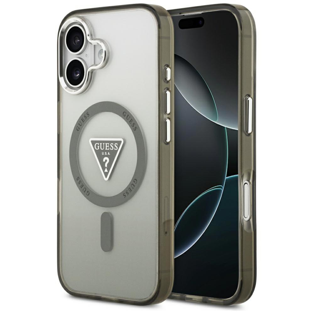 Coque MagSafe pour Apple iPhone 17, Guess, Logo Triangle Dégradé IML, Kaki Argenté