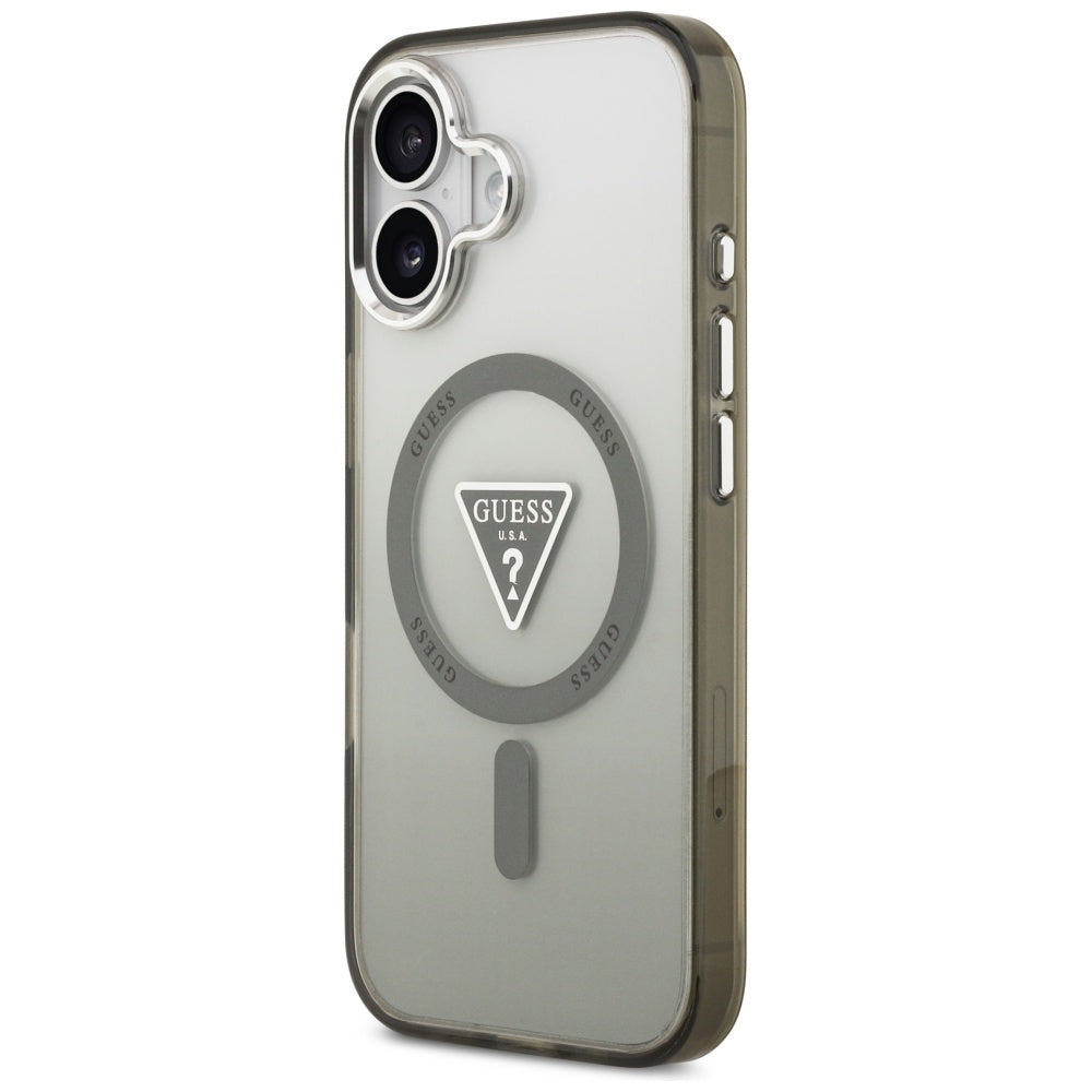Coque MagSafe pour Apple iPhone 17, Guess, Logo Triangle Dégradé IML, Kaki Argenté
