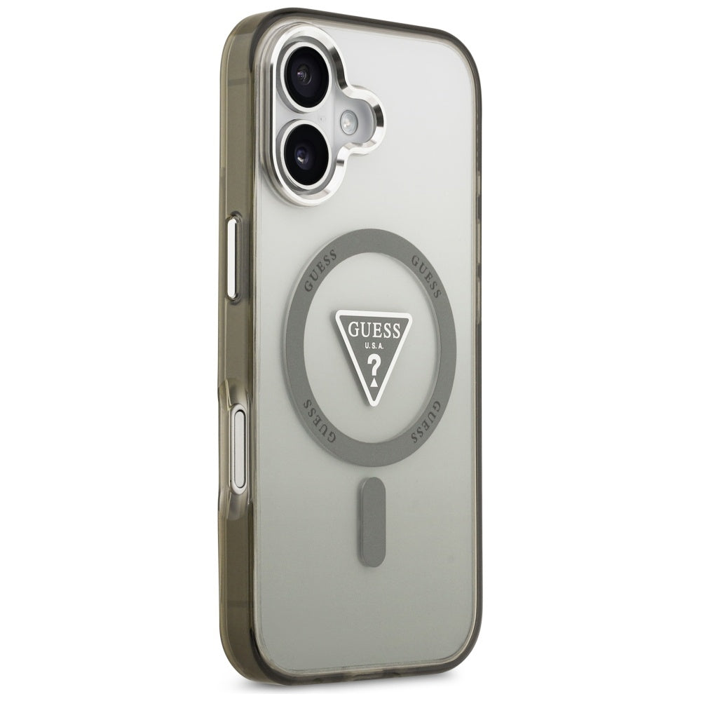 Coque MagSafe pour Apple iPhone 17, Guess, Logo Triangle Dégradé IML, Kaki Argenté