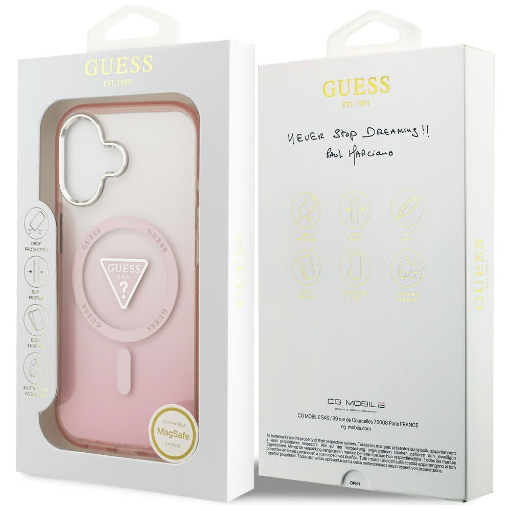 Étui MagSafe pour Apple iPhone 17, Guess, logo triangle dégradé IML, Rose