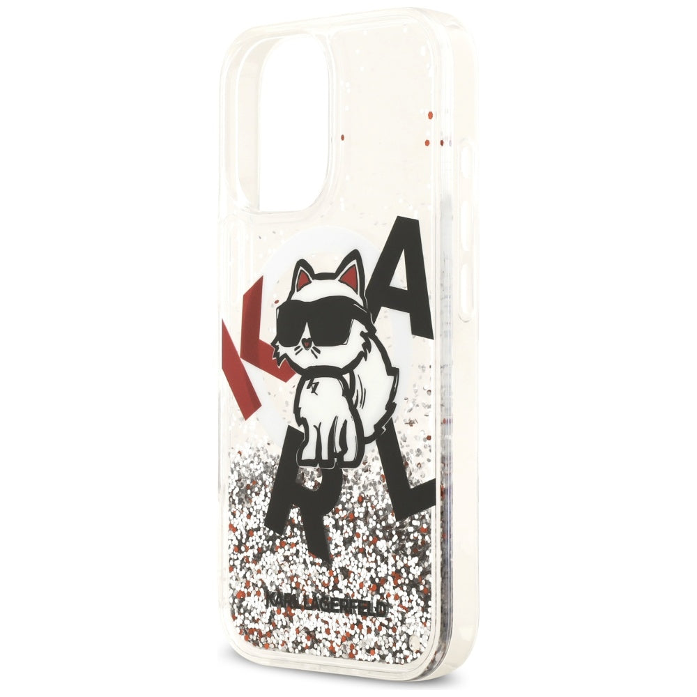 Étui MagSafe pour Apple iPhone 17, Karl Lagerfeld, Logo Choupette à Paillettes Liquides, Transparent