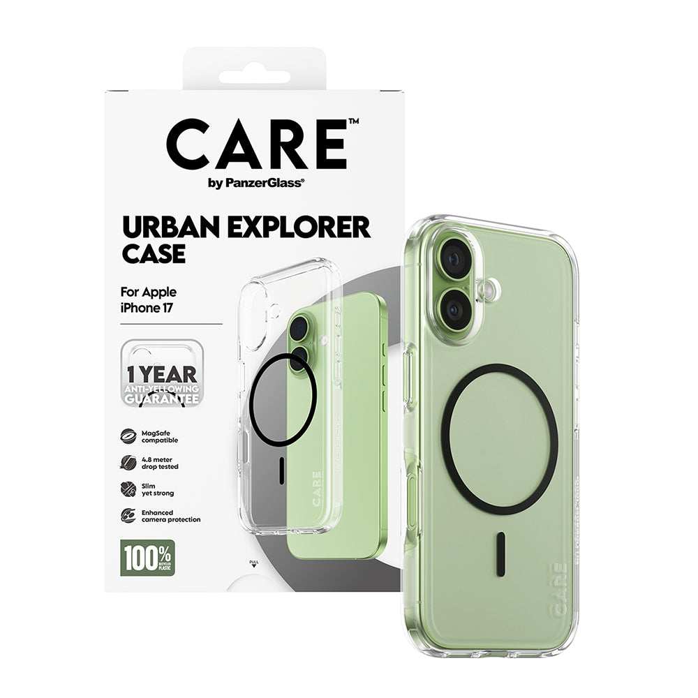 Coque MagSafe pour Apple iPhone 17, PanzerGlass, Care Urban Explorer, Transparent Noir