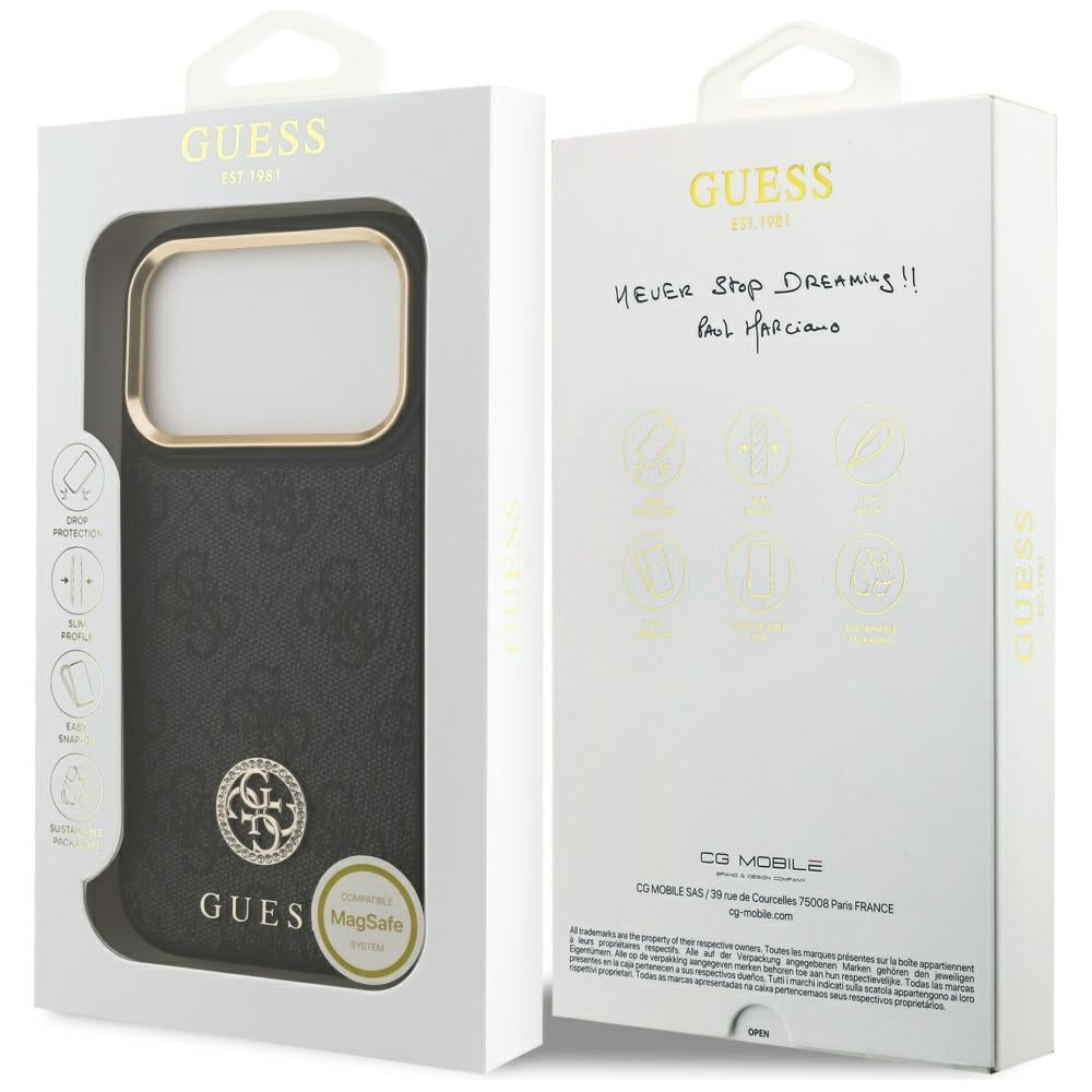 Étui MagSafe pour Apple iPhone 17 Pro, Guess, Logo Strass 4G, Noir