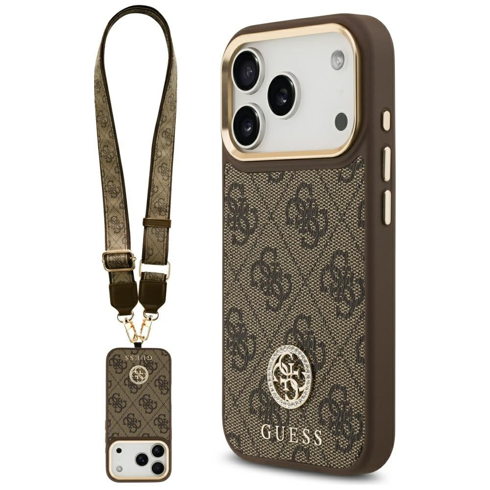 Étui MagSafe pour Apple iPhone 17 Pro, Guess, Logo Strass 4G avec Grande Bandoulière, Marron