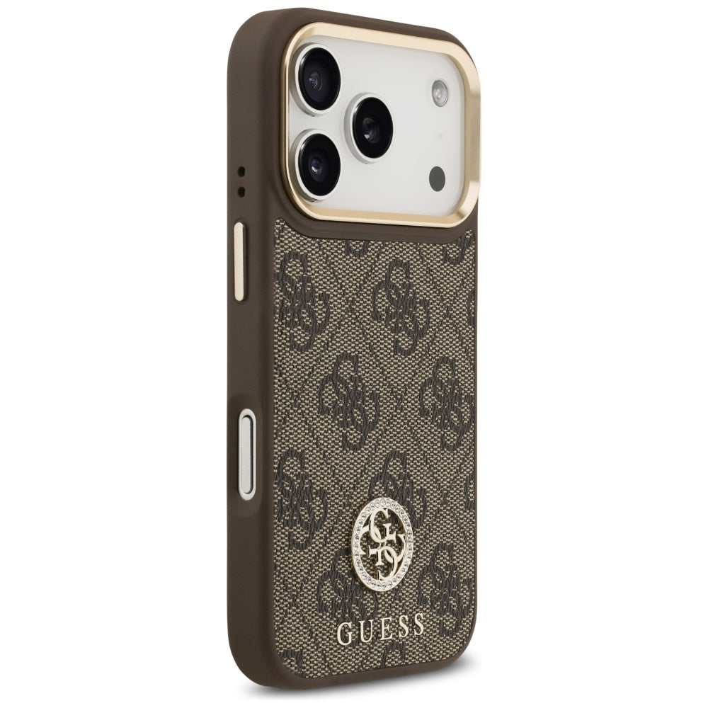 Étui MagSafe pour Apple iPhone 17 Pro, Guess, Logo Strass 4G avec Grande Bandoulière, Marron