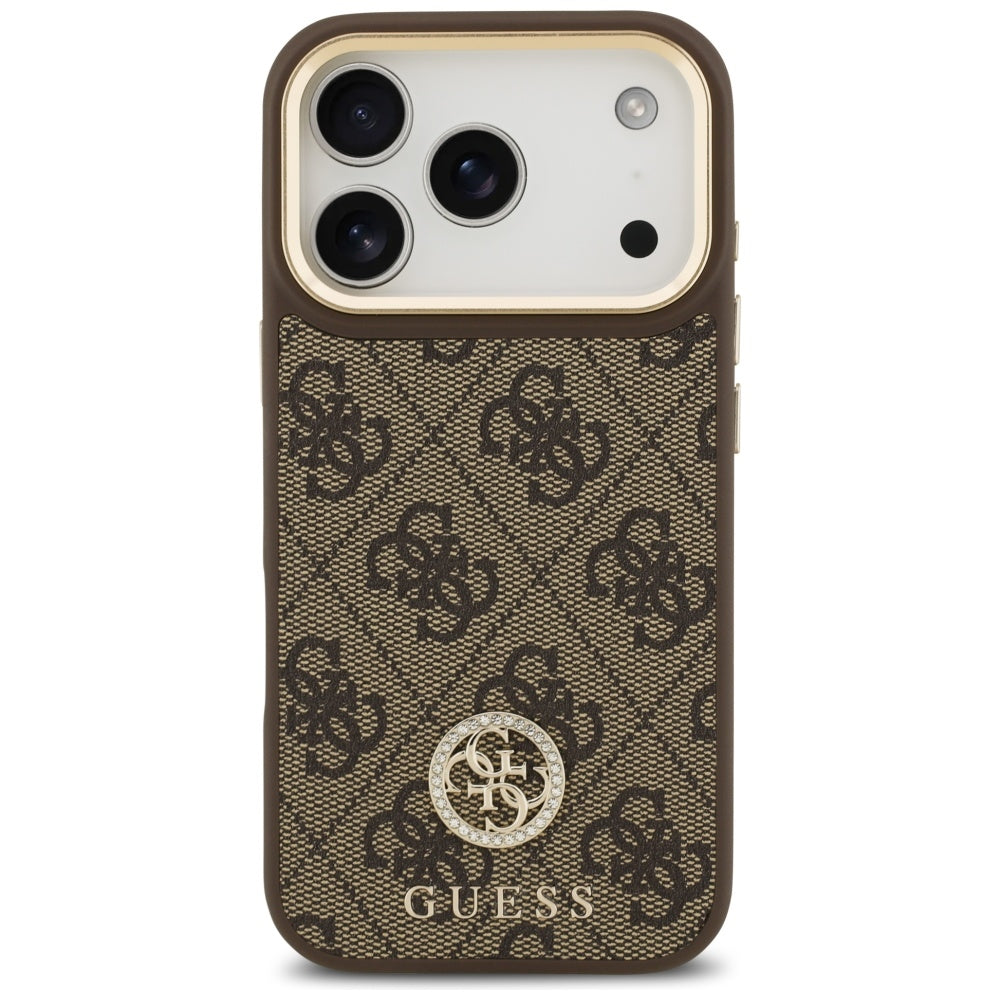 Étui MagSafe pour Apple iPhone 17 Pro, Guess, Logo Strass 4G avec Grande Bandoulière, Marron