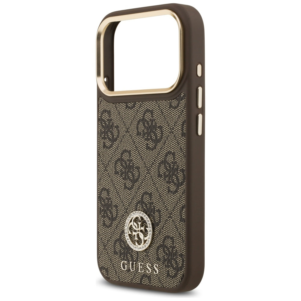 Étui MagSafe pour Apple iPhone 17 Pro, Guess, Logo Strass 4G avec Grande Bandoulière, Marron