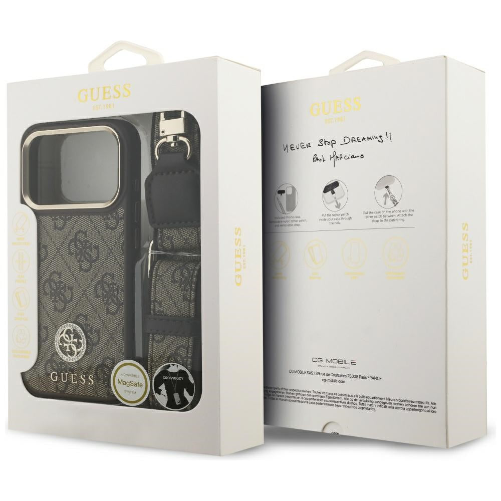Étui MagSafe pour Apple iPhone 17 Pro, Guess, Logo Strass 4G avec Grande Bandoulière, Marron