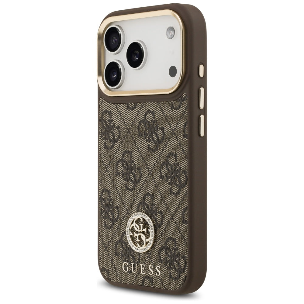 Étui MagSafe pour Apple iPhone 17 Pro, Guess, Logo Strass 4G avec Grande Bandoulière, Marron