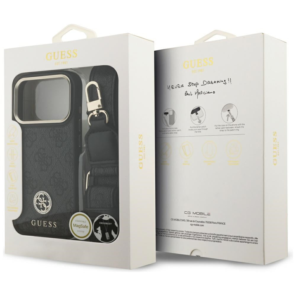 MagSafe Case for Apple iPhone 17 Pro, Guess, 4G Strass Logo with Big Strap, Black