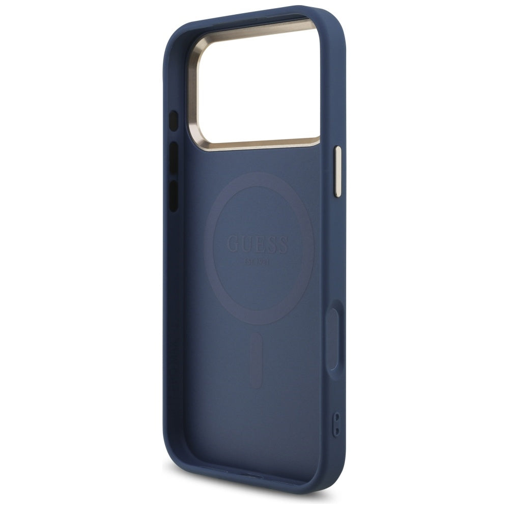 Coque MagSafe pour Apple iPhone 17 Pro, Guess, Logo Triangle 4G, Bleu Doré