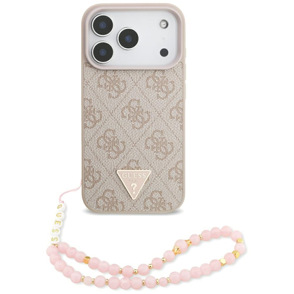 Étui MagSafe pour Apple iPhone 17 Pro, Guess, logo Triangle 4G avec lanière de perle, Rose