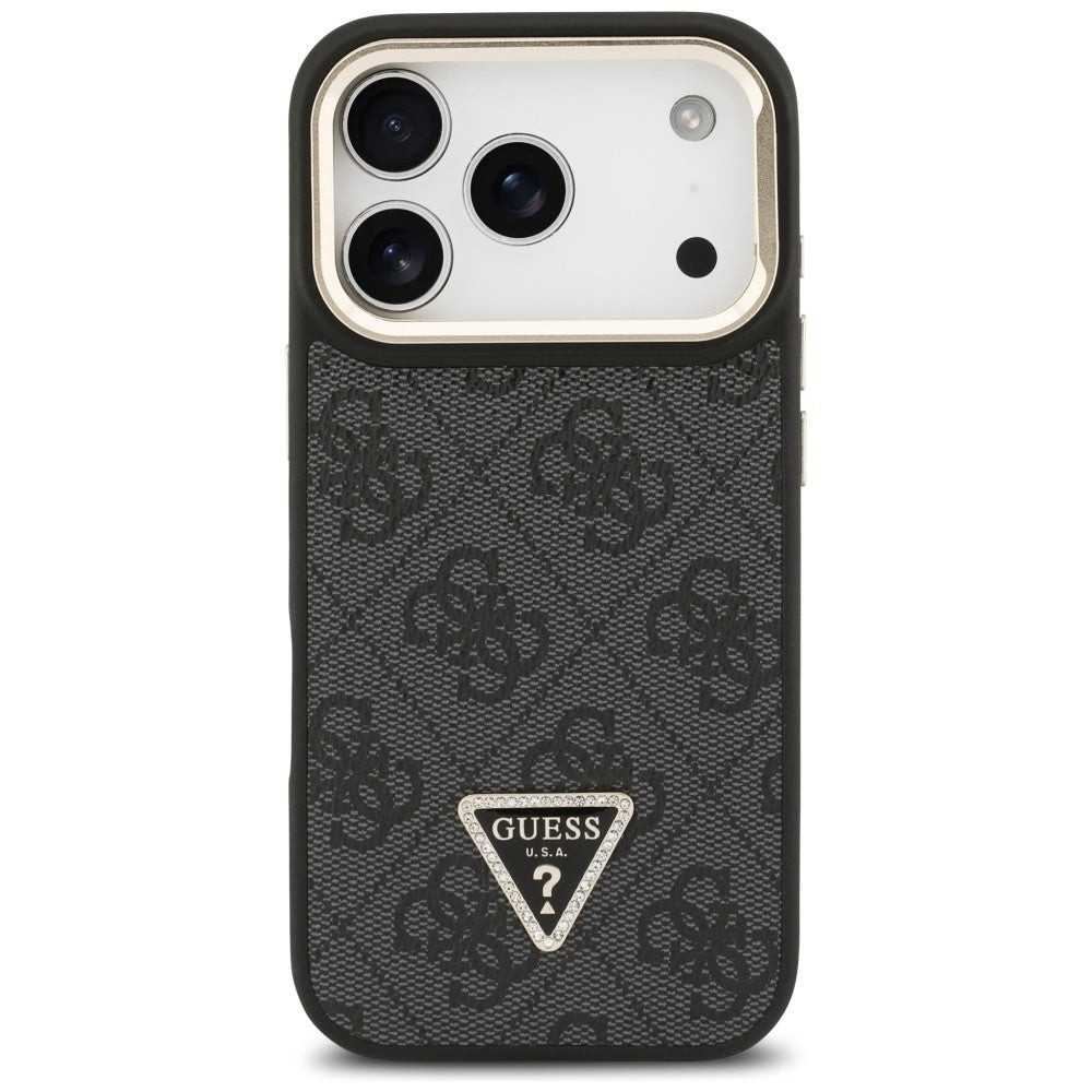 Coque MagSafe pour Apple iPhone 17 Pro, Guess, Logo Triangle 4G avec Support Caméra, Noir Doré