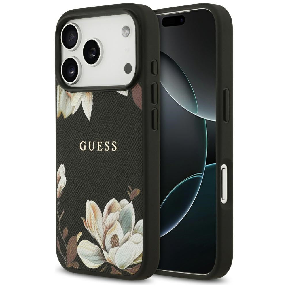 Coque MagSafe pour Apple iPhone 17 Pro, Guess, Grained Flowers, Noire