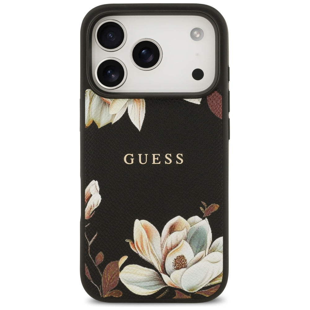Coque MagSafe pour Apple iPhone 17 Pro, Guess, Grained Flowers, Noire
