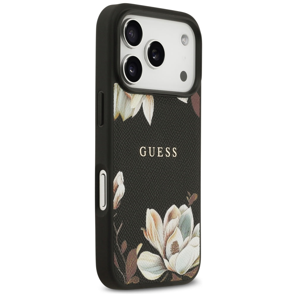 Coque MagSafe pour Apple iPhone 17 Pro, Guess, Grained Flowers, Noire