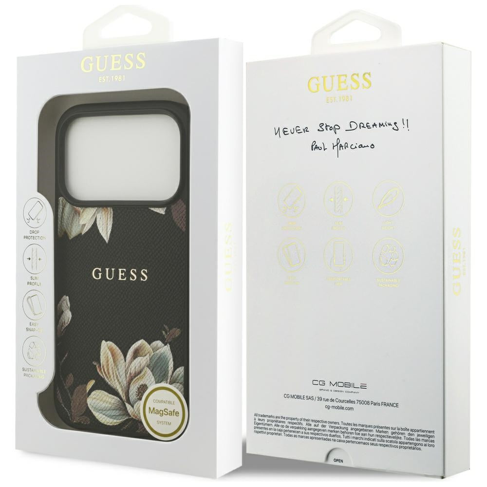 Coque MagSafe pour Apple iPhone 17 Pro, Guess, Grained Flowers, Noire