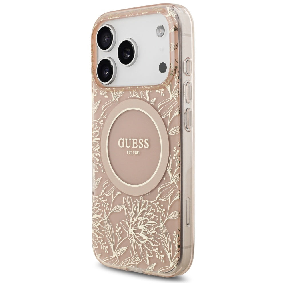 MagSafe Case for Apple iPhone 17 Pro, Guess, IML Flowers Allover Electroplated with Pearl Strap, Pink