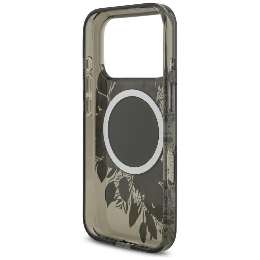 Coque MagSafe pour Apple iPhone 17 Pro, Guess, IML Flowers with Pearl Strap, Noire