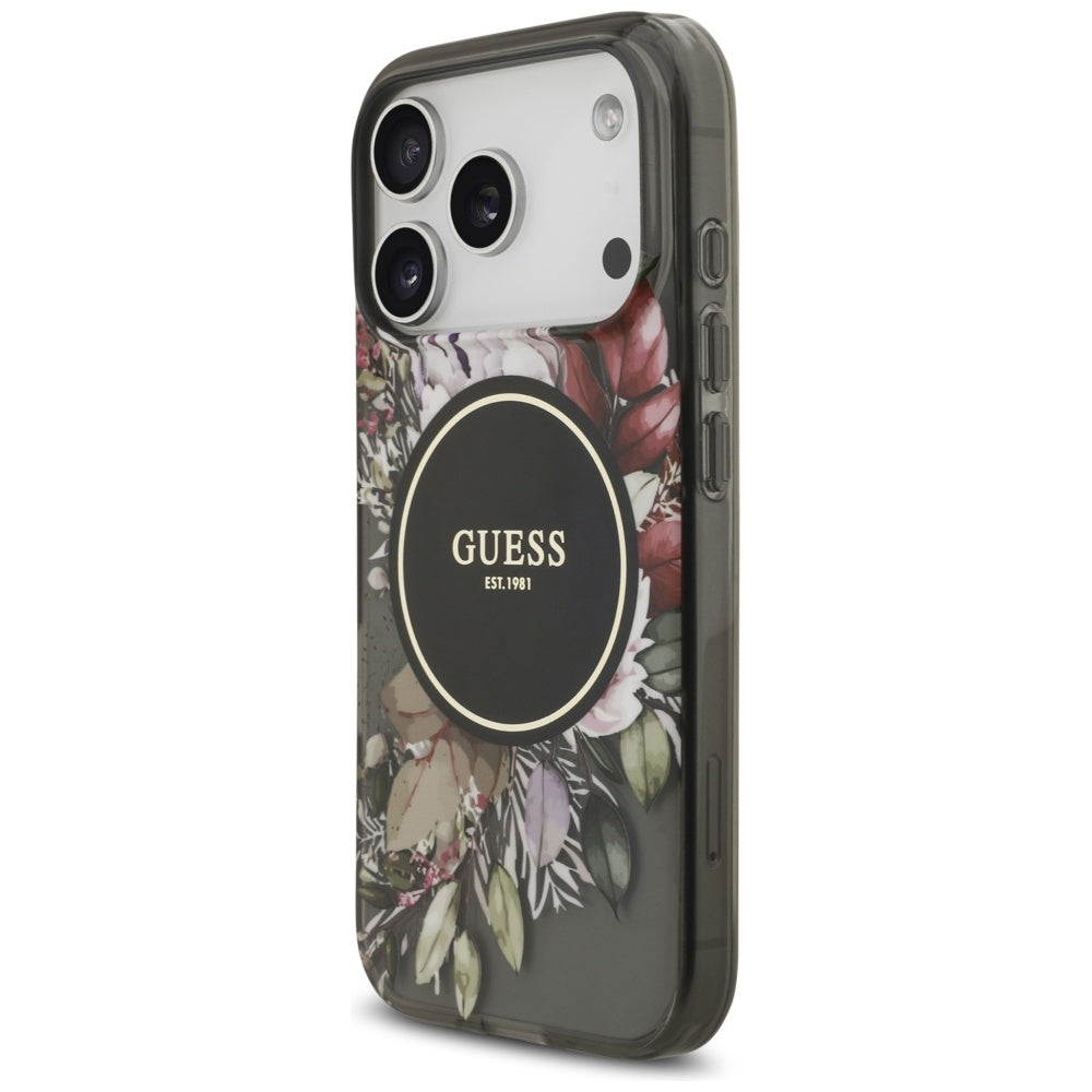Coque MagSafe pour Apple iPhone 17 Pro, Guess, IML Flowers with Pearl Strap, Noire
