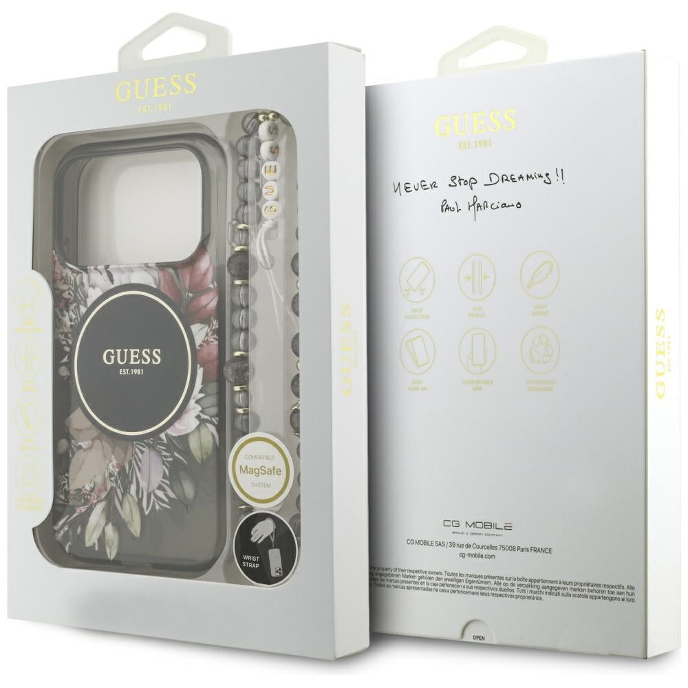 Coque MagSafe pour Apple iPhone 17 Pro, Guess, IML Flowers with Pearl Strap, Noire