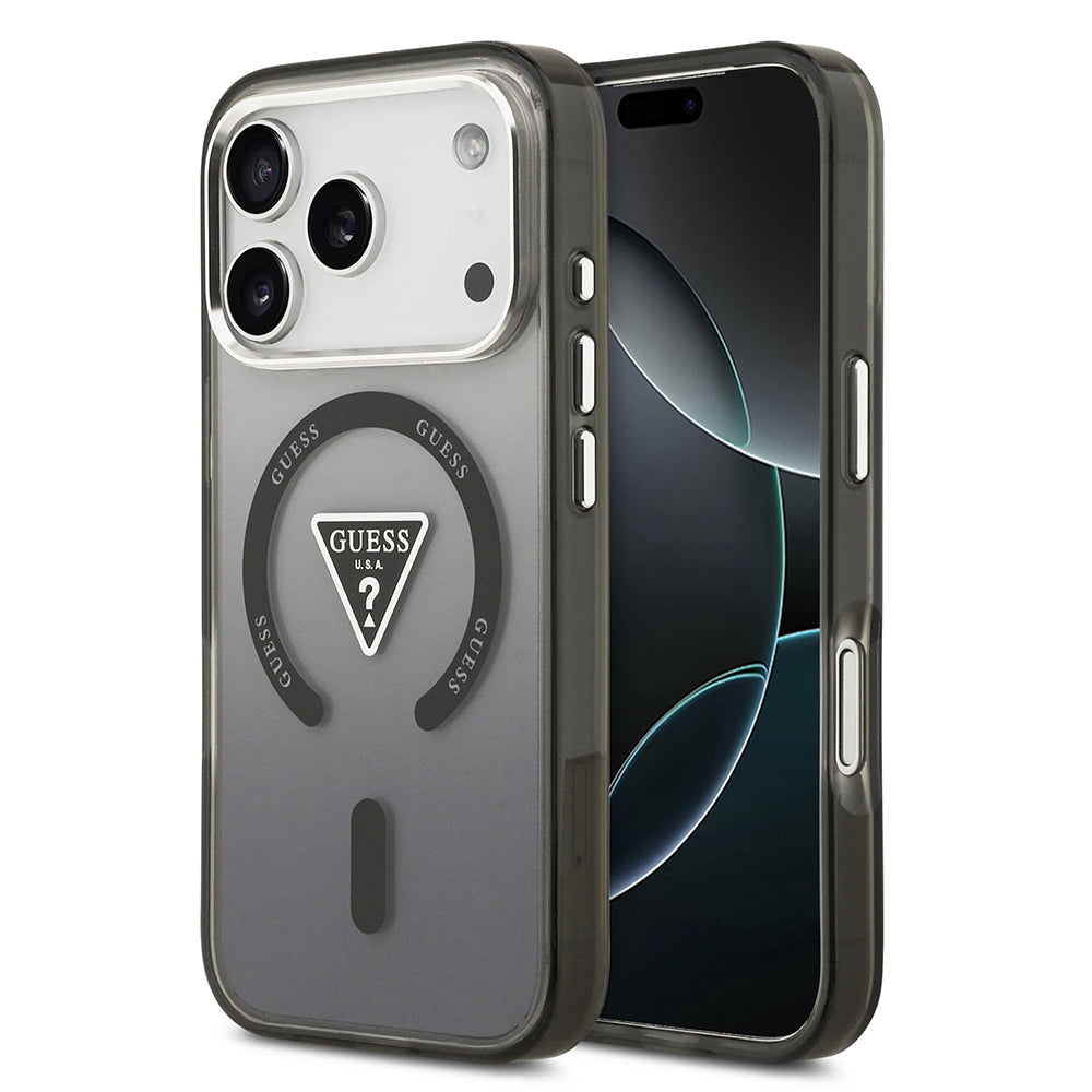 Coque MagSafe pour Apple iPhone 17 Pro, Guess, Logo Triangle Dégradé IML, Noir Argenté