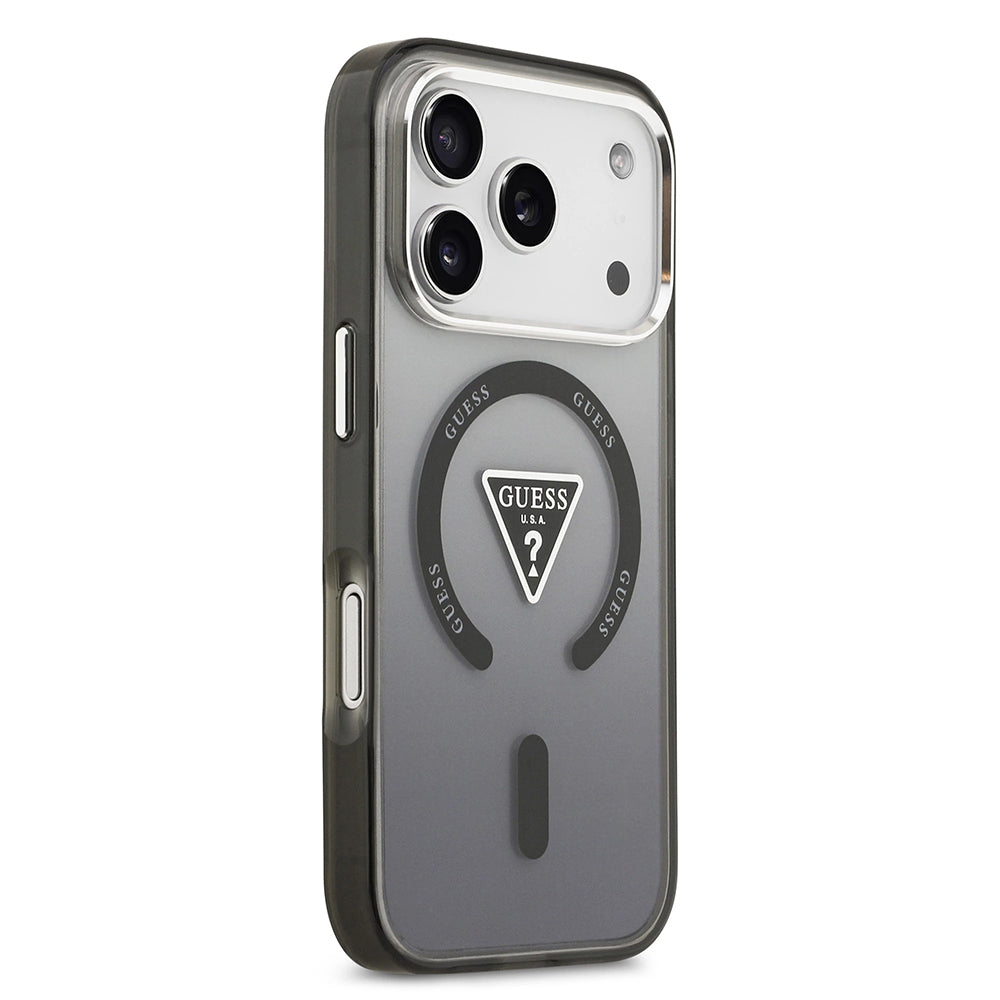 Coque MagSafe pour Apple iPhone 17 Pro, Guess, Logo Triangle Dégradé IML, Noir Argenté
