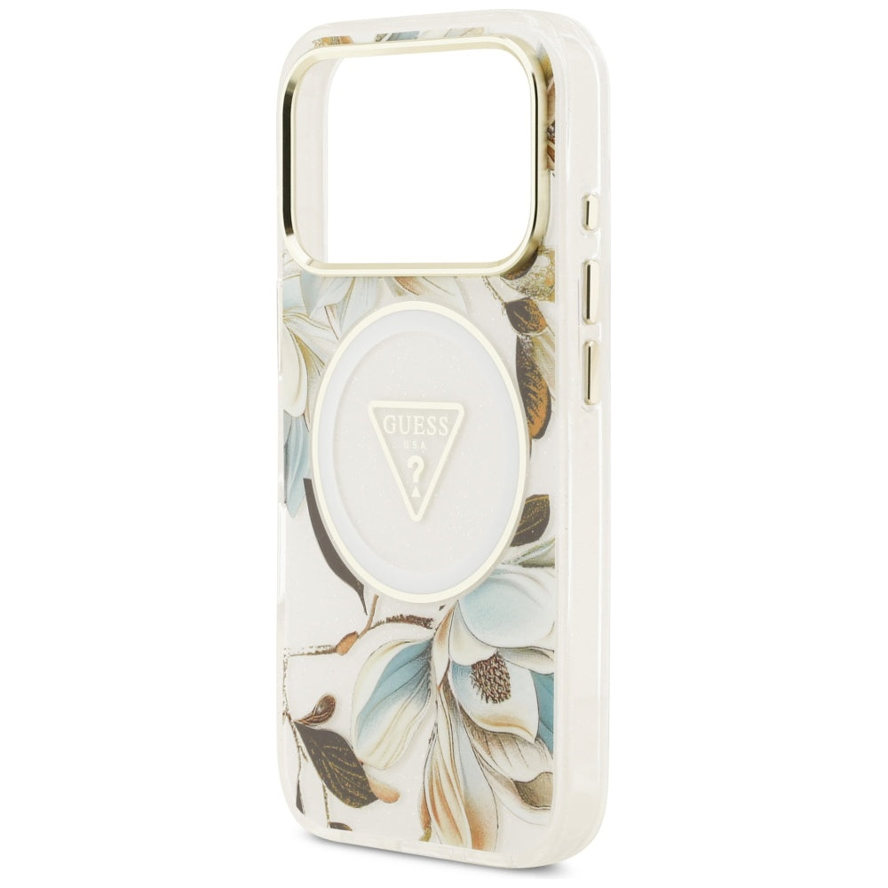 Coque MagSafe pour Apple iPhone 17 Pro, Guess, IML Metal Glitter Flowers Triangle, Blanche