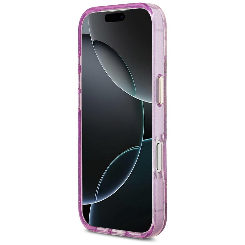 Coque MagSafe pour Apple iPhone 17 Pro, Guess, IML Metal Glitter Flowers Triangle, Violet