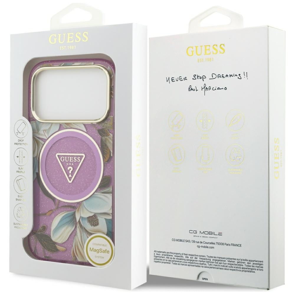 Coque MagSafe pour Apple iPhone 17 Pro, Guess, IML Metal Glitter Flowers Triangle, Violet