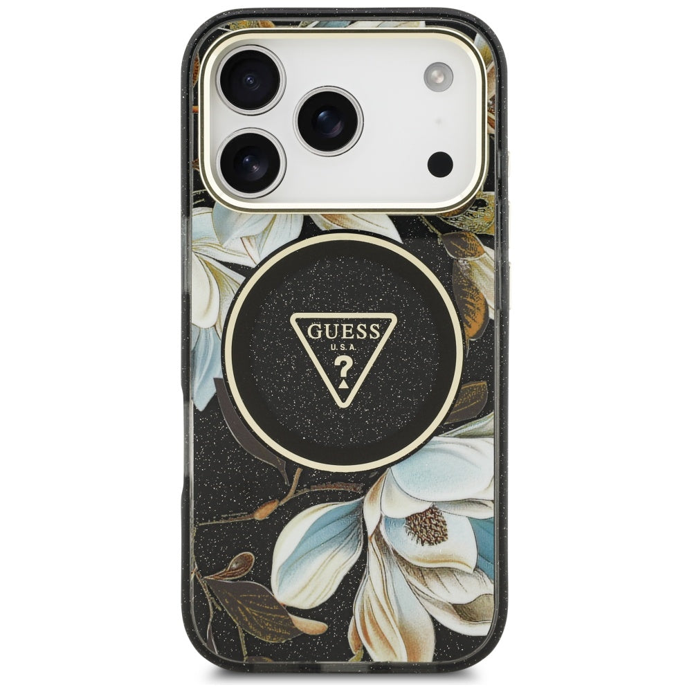 Étui MagSafe pour Apple iPhone 17 Pro, Guess, IML Metal Glitter Flowers Triangle, Noir