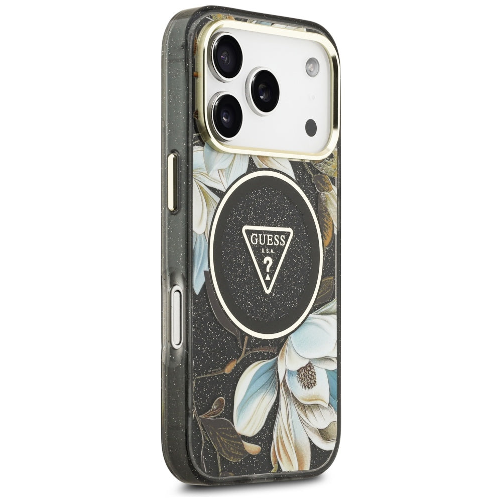 Étui MagSafe pour Apple iPhone 17 Pro, Guess, IML Metal Glitter Flowers Triangle, Noir