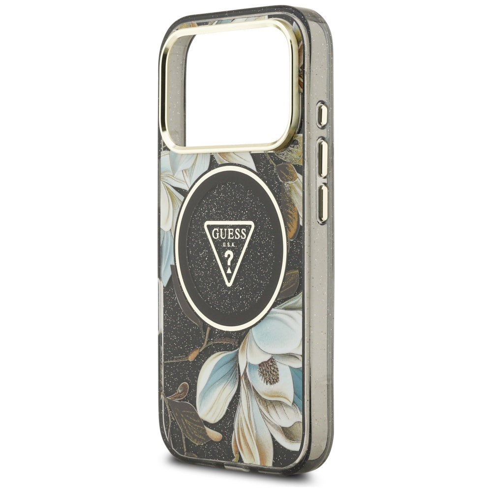 Étui MagSafe pour Apple iPhone 17 Pro, Guess, IML Metal Glitter Flowers Triangle, Noir