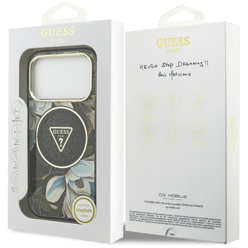 Étui MagSafe pour Apple iPhone 17 Pro, Guess, IML Metal Glitter Flowers Triangle, Noir