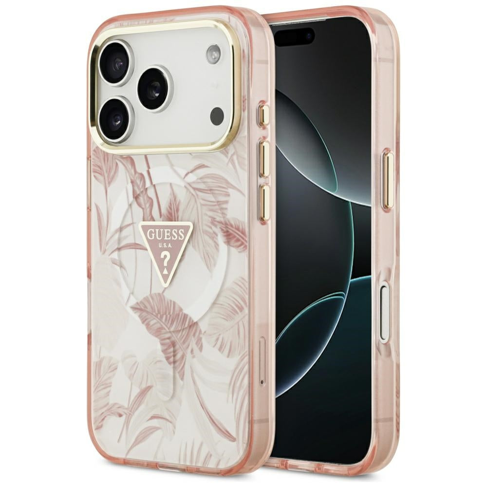Étui MagSafe pour Apple iPhone 17 Pro, Guess, Jungle Tonal Triangle, Rose