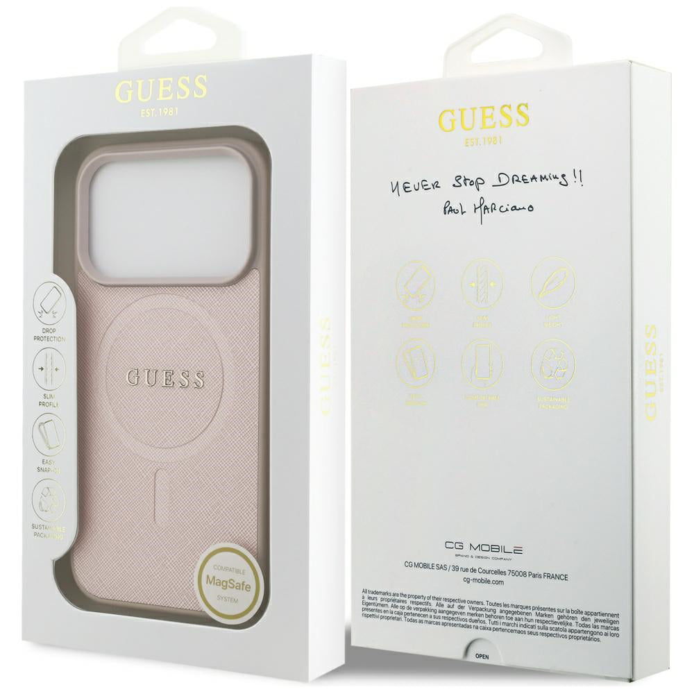Coque MagSafe pour Apple iPhone 17 Pro, Guess, Saffiano Classic Logo, Rose